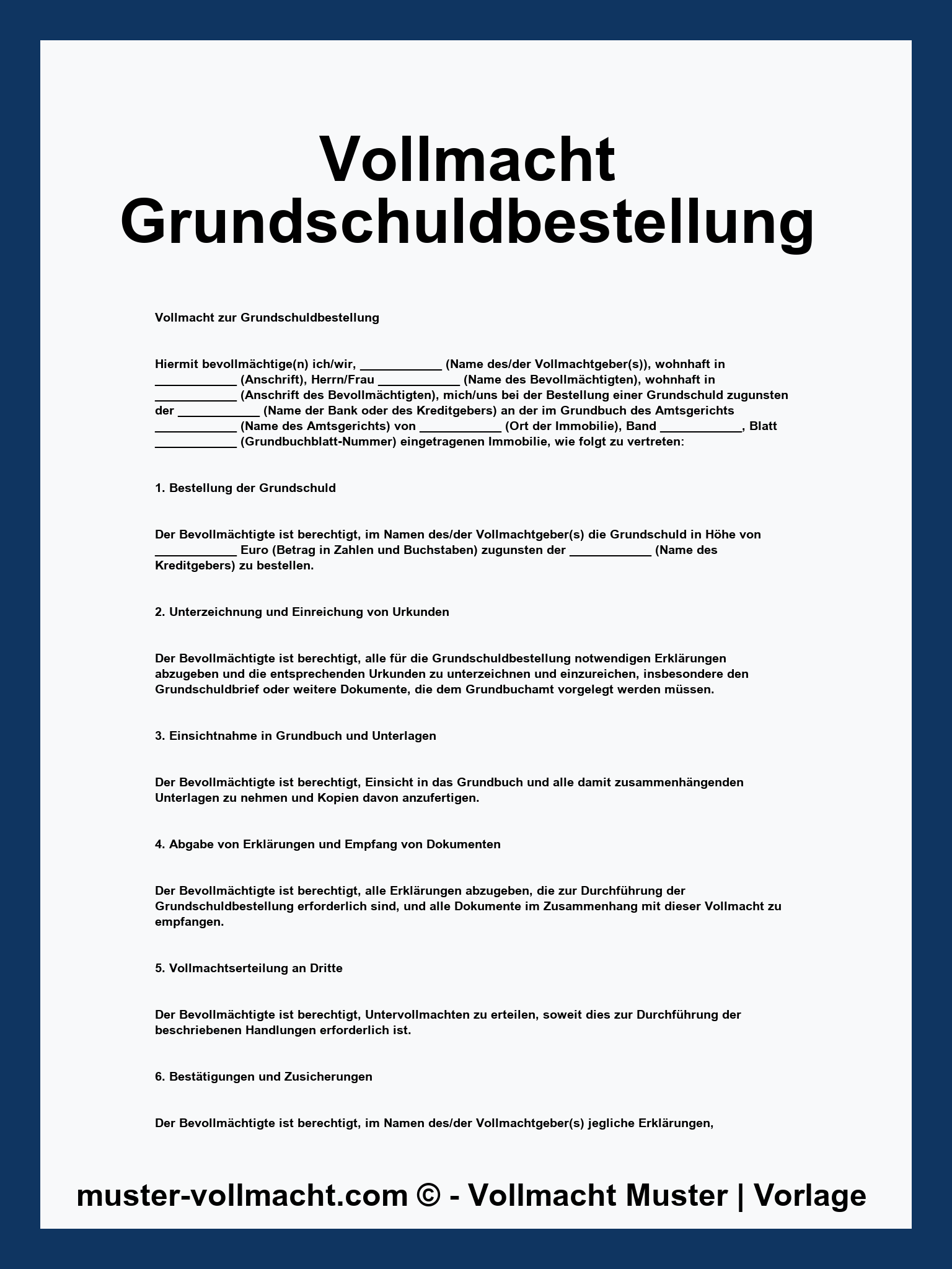 Kostenlose PDF-Vorlage: Vollmacht Grundschuldbestellung Muster