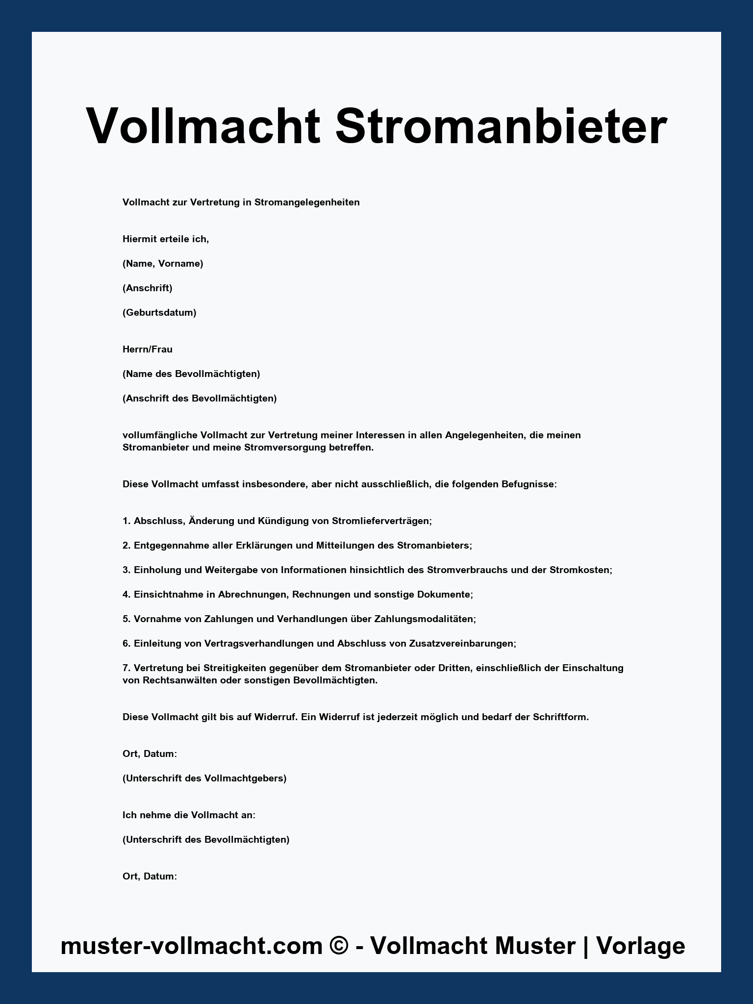 Kostenlose PDF-Vorlage: Vollmacht Stromanbieter Muster